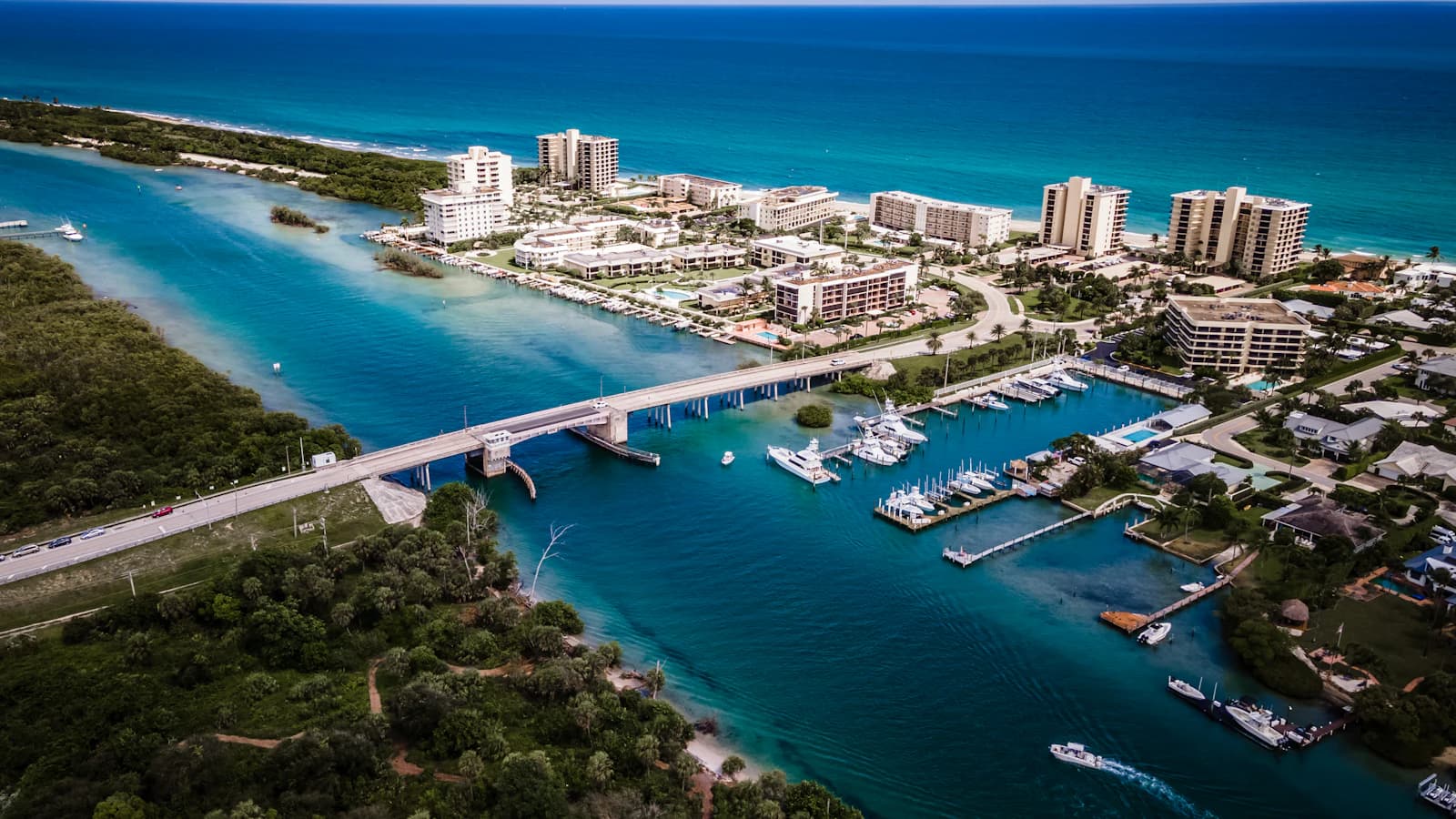 Aerial view of a waterfront town in northern Palm Beach County