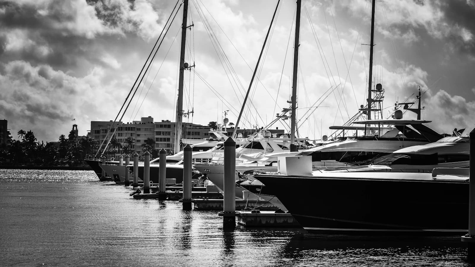 Boats tied up at a marina dock