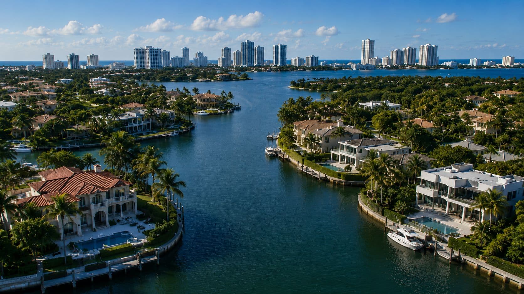 Aerial view of a waterfront Florida residential community near the coast