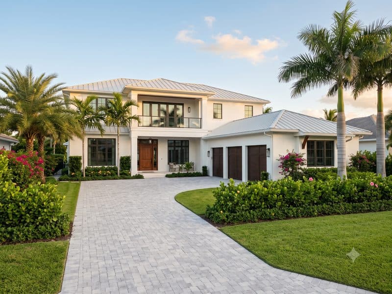 A luxury Florida home with a tile roof and palm landscaping